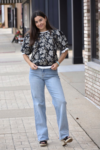 Chez Floral Embroidered Puff Sleeve Top – Banded Fall Top