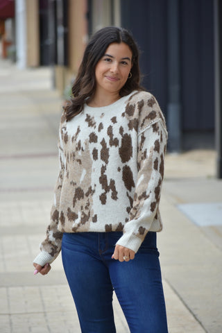 Wild Side Relaxed Animal Print Crew Neck Sweater - Taupe Multi