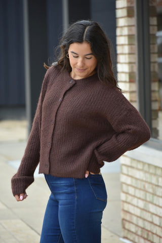 Rich Chocolate Textured Ribbed Cardigan – Round Neck Button Down