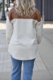 Women’s beige suede shacket with faux leather pockets