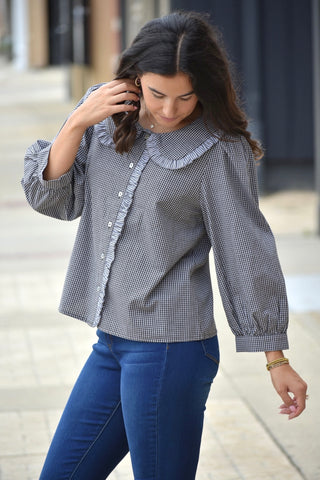Gingham Ruffle Peter Pan Collar 3/4 Sleeve Blouse