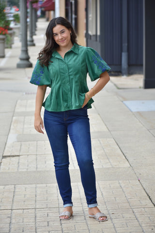 Green Embroidered Corduroy Puff Sleeve Blouse