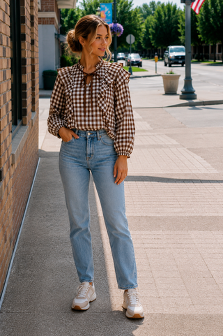Autumn Gingham Ruffle Collar Tie-Neck Blouse