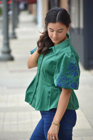 Green Embroidered Corduroy Puff Sleeve Blouse