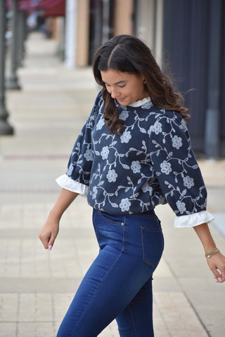 Eliza Vintage-Inspired Floral Embroidered Top with Ruffle Detail