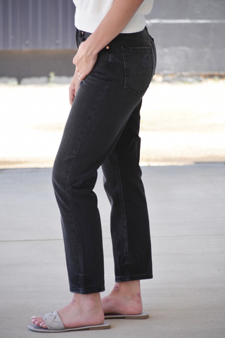 Black denim high rise straight jeans 