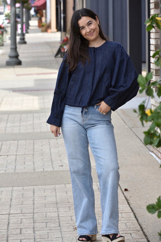 Indigo Collarless Denim Bomber Jacket