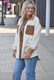Women’s beige suede shacket with faux leather pockets