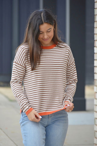 Autumn Mocha & Orange Striped Contrast Sweater