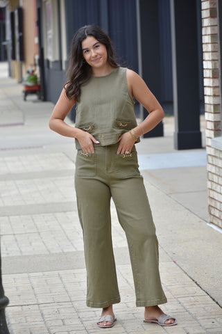 High-Waist Horsebit Detail Olive Wide Leg Denim