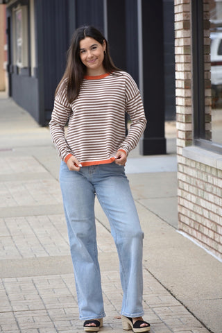 Autumn Mocha & Orange Striped Contrast Sweater