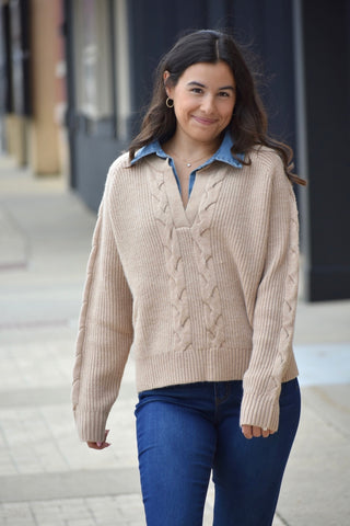 Denim Collar Cable Knit Sweater – Chic 2-in-1 Layered Pullover