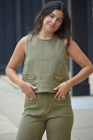 Arden Olive Denim Sleeveless Top with Horsebit Detail