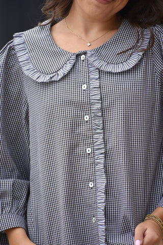 Gingham Ruffle Peter Pan Collar 3/4 Sleeve Blouse
