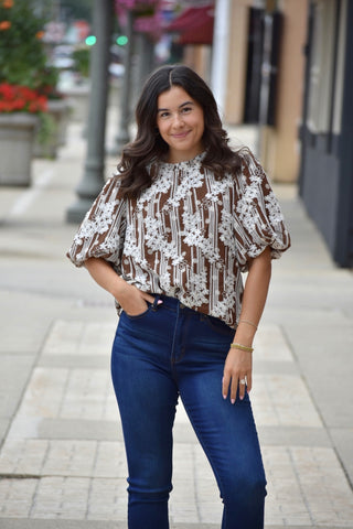 Floral Embroidered Ruffle Neck Chiffon Blouse with Puff Sleeves