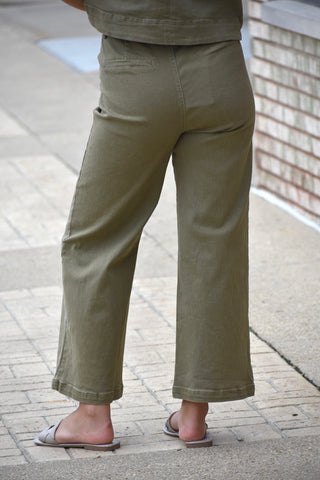 High-Waist Horsebit Detail Olive Wide Leg Denim