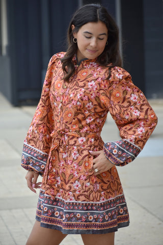 Sandra Salmon Floral Mandarin Collar Mini Dress