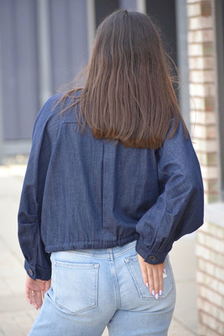 Indigo Collarless Denim Bomber Jacket