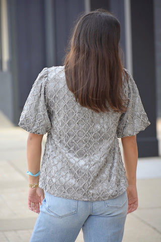 Silver Trellis Crushed Velvet Bubble Sleeve Blouse