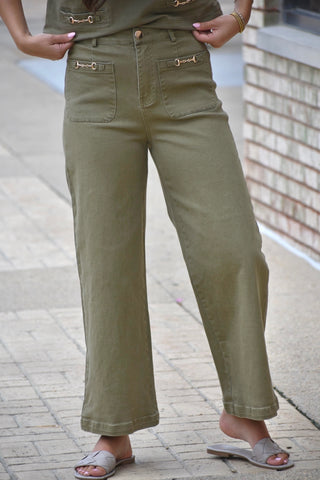 High-Waist Horsebit Detail Olive Wide Leg Denim