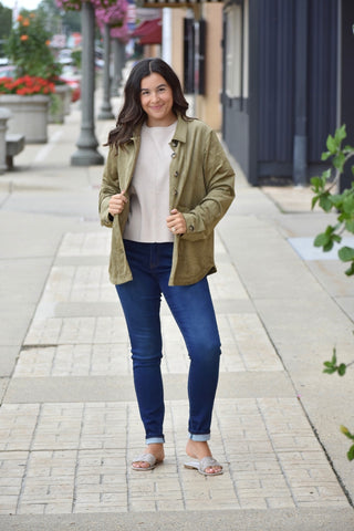 Premium Olive Suede Collared Button-Down Jacket