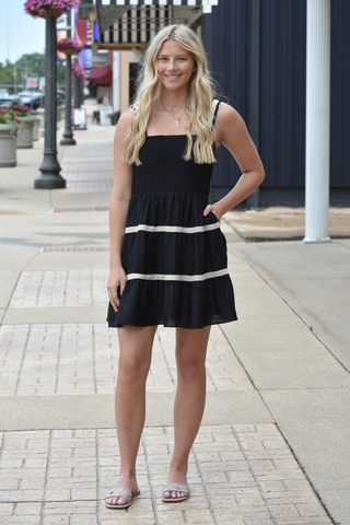 Black mini dress with ivory crochet trim