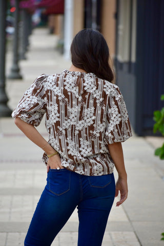 Floral Embroidered Ruffle Neck Chiffon Blouse with Puff Sleeves