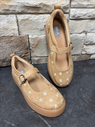 Alexis Floral Embroidered Mary Jane Platform Sneakers - Sand