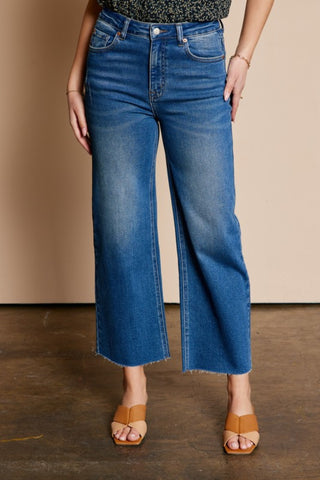 Raw hem wide leg jeans, medium blue wash