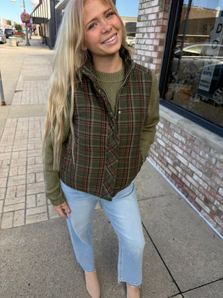 Aspen Heritage Olive Plaid Quilted Mock Neck Vest