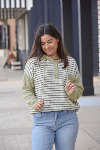Sage Striped Henley Hooded Sweater | Cozy Fall Knit