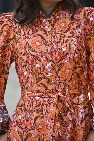 Sandra Salmon Floral Mandarin Collar Mini Dress