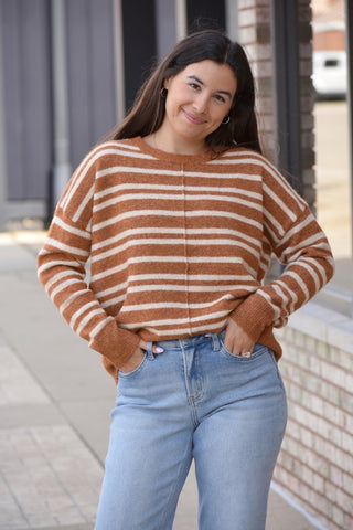 Pumpkin Spice Stripe Relaxed Center-Seam Sweater — Camel & Cream