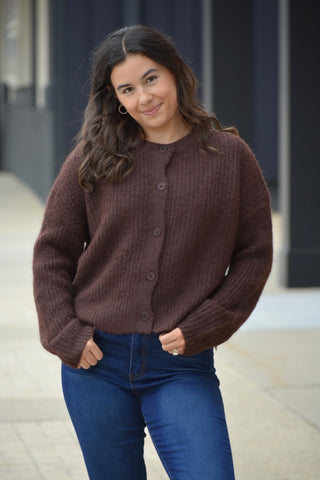 Rich Chocolate Textured Ribbed Cardigan – Round Neck Button Down
