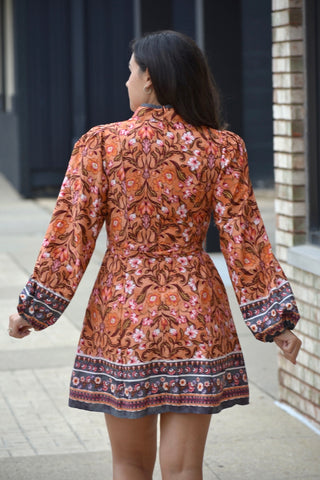 Sandra Salmon Floral Mandarin Collar Mini Dress