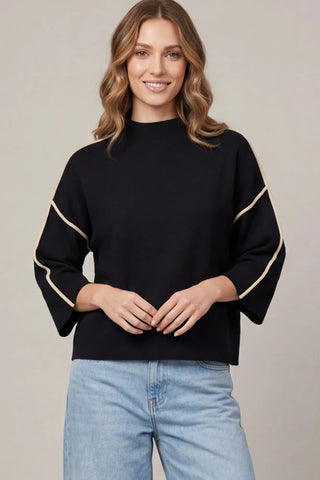 Sutton Luxe Mock Neck 3/4 Sleeve Sweater – Black/Cream