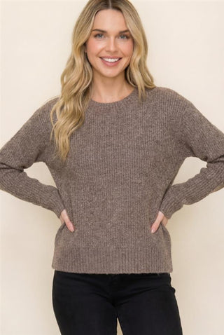 Mocha Ribbed Crew Neck Sweater – Relaxed Fit Pullover