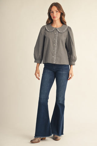 Gingham Ruffle Peter Pan Collar 3/4 Sleeve Blouse
