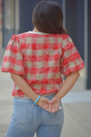 Ruby Gingham Puff Sleeve Top – Vintage Red & Taupe Plaid