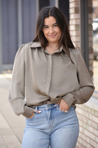 Elegant Olive Satin Long Sleeve Button-Down Blouse