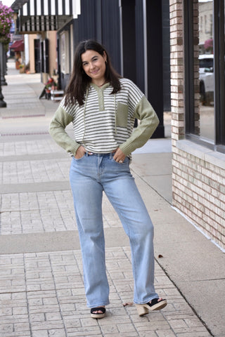 Sage Striped Henley Hooded Sweater | Cozy Fall Knit
