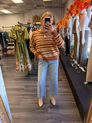 Pumpkin Spice Stripe Relaxed Center-Seam Sweater — Camel & Cream