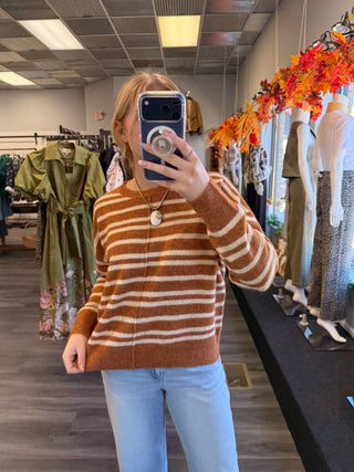 Pumpkin Spice Stripe Relaxed Center-Seam Sweater — Camel & Cream