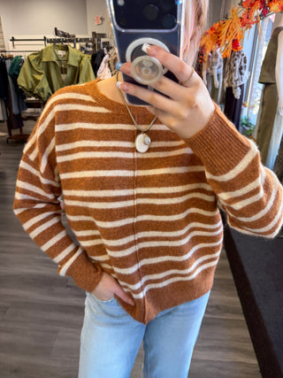 Pumpkin Spice Stripe Relaxed Center-Seam Sweater — Camel & Cream