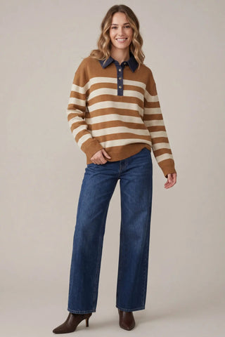 Caramel Denim Collar Stripe Sweater