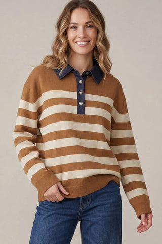 Caramel Denim Collar Stripe Sweater
