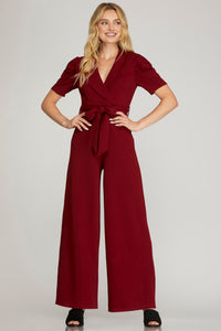 Shawl collar dressy jumpsuit (wine)