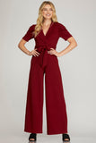Shawl collar dressy jumpsuit (wine)