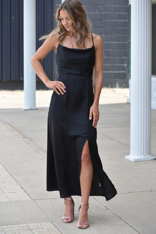 Checked Cowl Neck Silky Dress