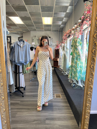 Cream jumpsuit with brown polka dots